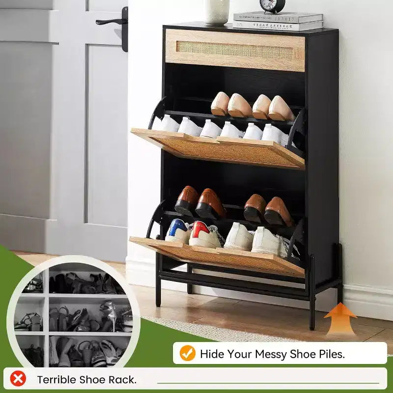 Meuble de rangement en rotin naturel Acekool avec 2 tiroirs basculants, étagères réglables et pieds en métal, organiseur de chaussures mince pour entrée