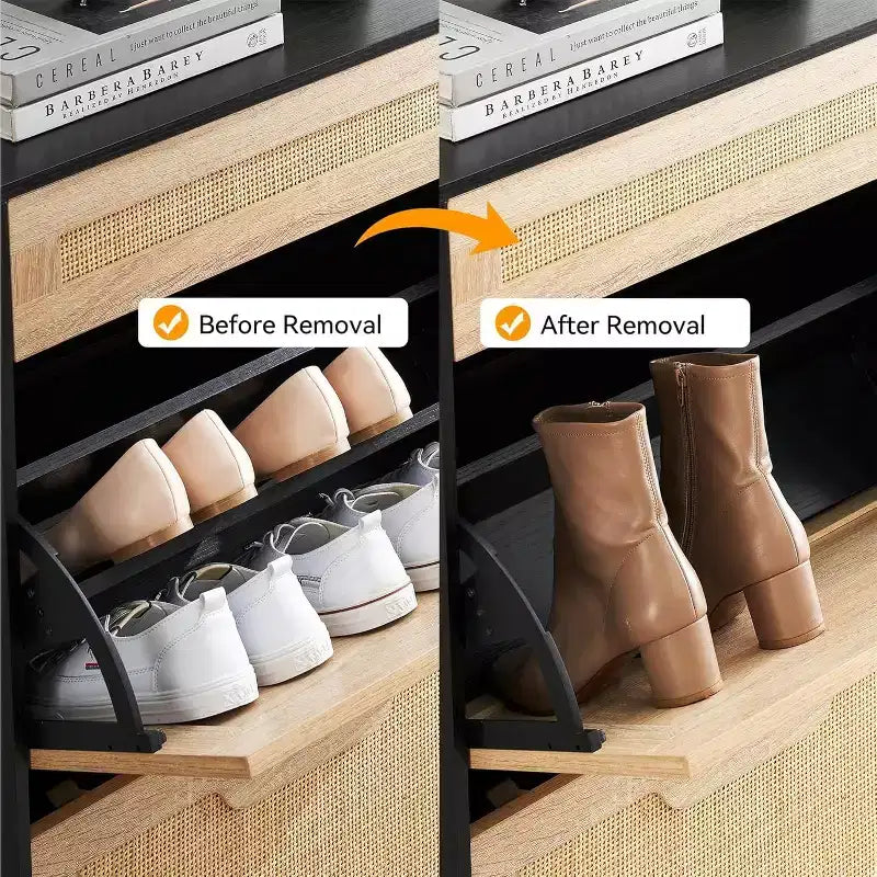Meuble de rangement en rotin naturel Acekool avec 2 tiroirs basculants, étagères réglables et pieds en métal, organiseur de chaussures mince pour entrée