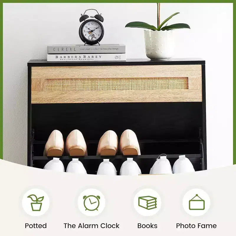 Meuble de rangement en rotin naturel Acekool avec 2 tiroirs basculants, étagères réglables et pieds en métal, organiseur de chaussures mince pour entrée