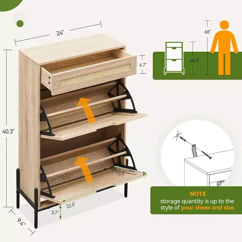 Meuble de rangement en rotin naturel Acekool avec 2 tiroirs basculants, étagères réglables et pieds en métal, organiseur de chaussures mince pour entrée