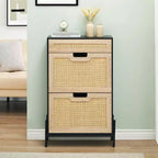 Acekool Natural Rattan Storage Cabinet with 2 Flip Drawers, Adjustable Shelves & Metal Legs, Slim Entryway Shoe Organizer