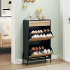 Meuble de rangement en rotin naturel Acekool avec 2 tiroirs basculants, étagères réglables et pieds en métal, organiseur de chaussures mince pour entrée