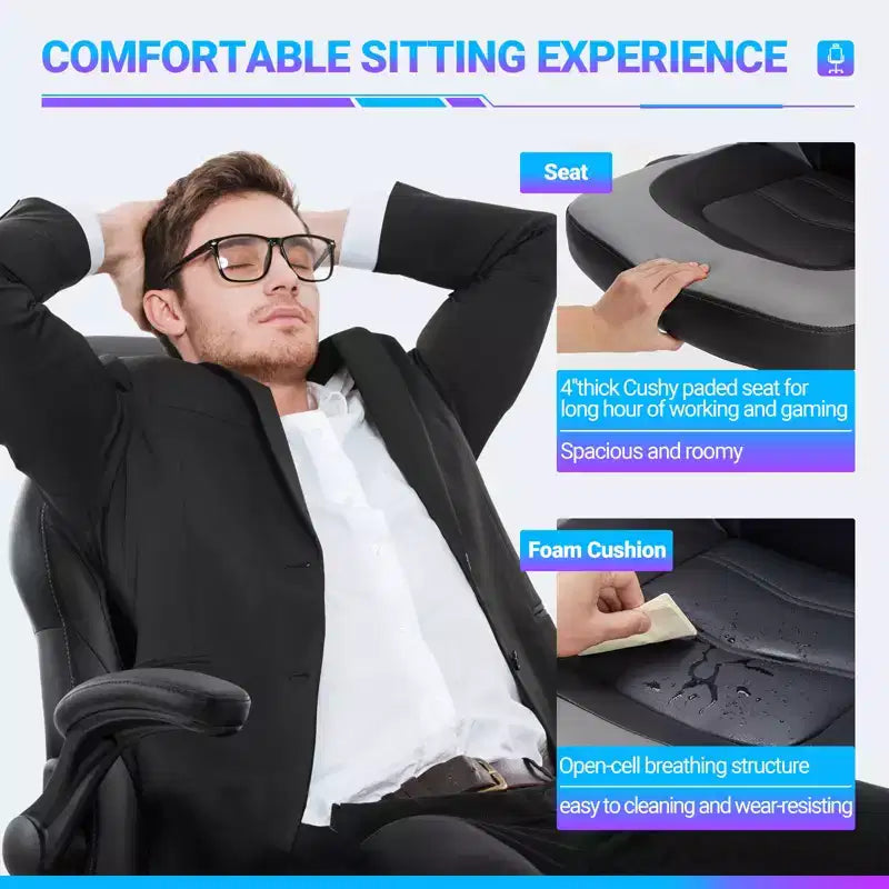 Chaise de jeu Bestier, chaise pivotante d'ordinateur en cuir PU avec soutien lombaire, dossier réglable et accoudoir rabattable pour chaise de bureau à domicile