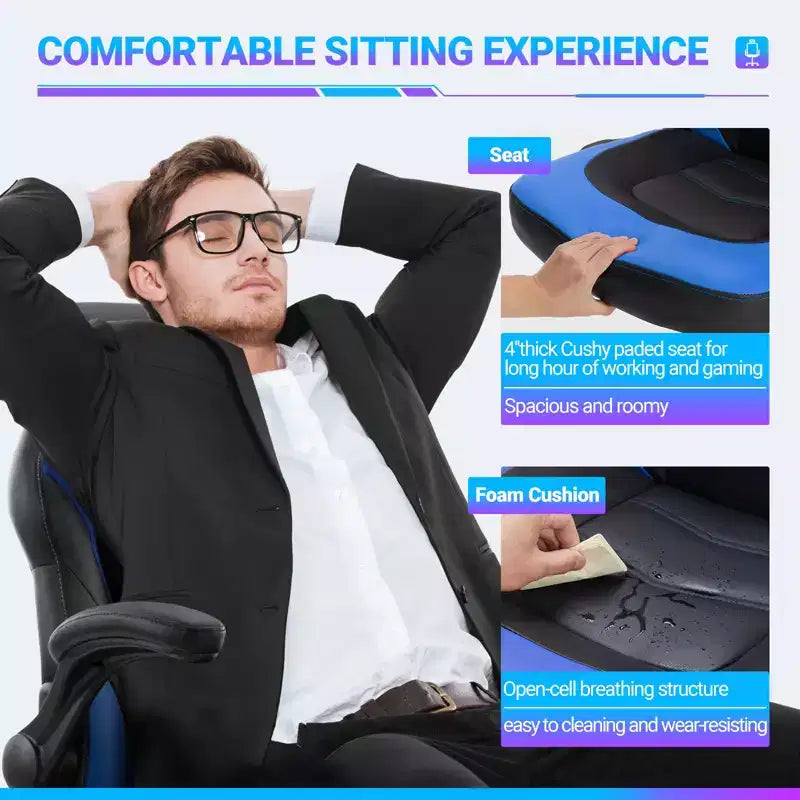 Chaise de jeu Bestier, chaise pivotante d'ordinateur en cuir PU avec soutien lombaire, dossier réglable et accoudoir rabattable pour chaise de bureau à domicile