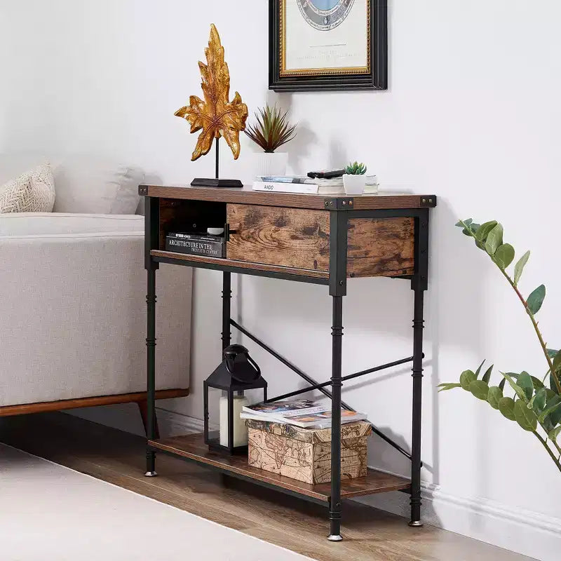VECELO Table console vintage avec tiroir, Table de couloir avec étagères rectangulaires, Table de canapé de 80 cm de hauteur, Marron