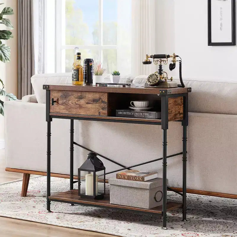 VECELO Table console vintage avec tiroir, Table de couloir avec étagères rectangulaires, Table de canapé de 80 cm de hauteur, Marron