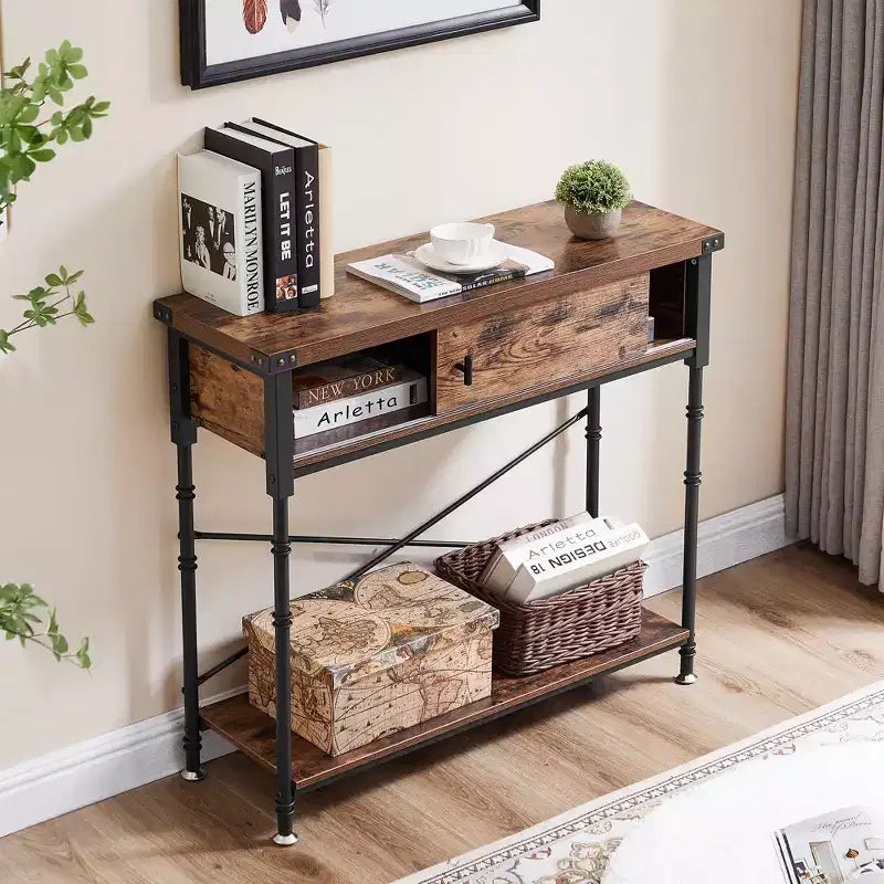 VECELO Table console vintage avec tiroir, Table de couloir avec étagères rectangulaires, Table de canapé de 80 cm de hauteur, Marron