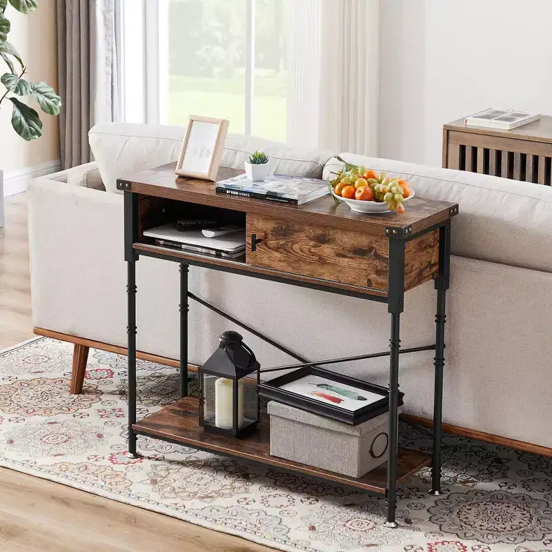 VECELO Table console vintage avec tiroir, Table de couloir avec étagères rectangulaires, Table de canapé de 80 cm de hauteur, Marron