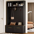 Whisen Versatile 4-in-1 Hall Tree with 6 Golden Hooks, Wood Grain Bench with Multiple Storage Space