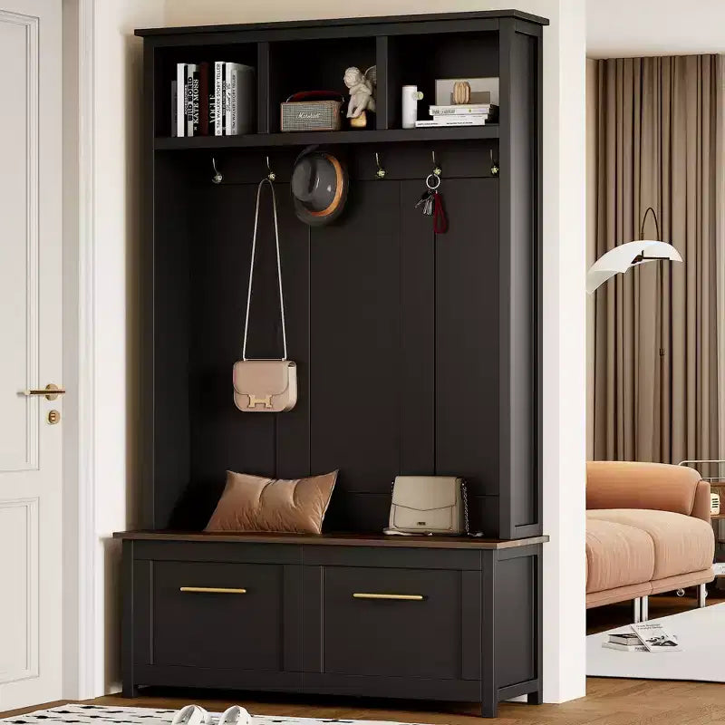 Whisen Versatile 4-in-1 Hall Tree with 6 Golden Hooks, Wood Grain Bench with Multiple Storage Space