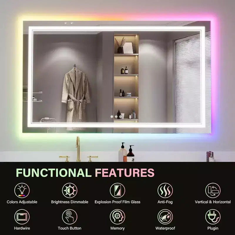 Miroir de courtoisie Acekool avec rétroéclairage changeant de couleur et éclairage avant réglable, fonction anti-buée et mémoire, montage horizontal/vertical
