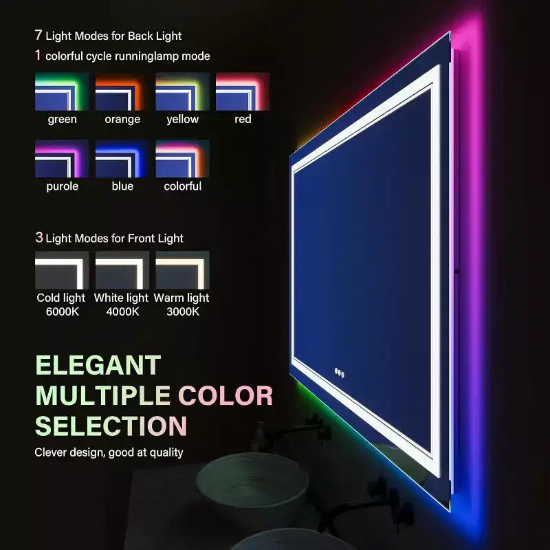 Miroir de courtoisie Acekool avec rétroéclairage changeant de couleur et éclairage avant réglable, fonction anti-buée et mémoire, montage horizontal/vertical
