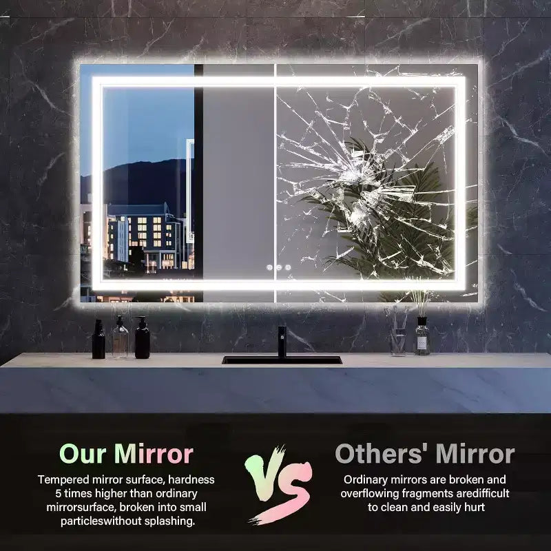 Miroir de courtoisie Acekool avec rétroéclairage changeant de couleur et éclairage avant réglable, fonction anti-buée et mémoire, montage horizontal/vertical