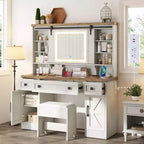 Coiffeuse de ferme AMERLIFE de 120 cm de large avec miroir coulissant, Blanc antique