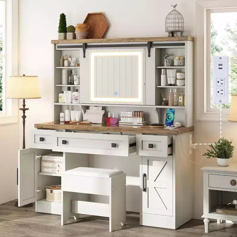 Coiffeuse de ferme AMERLIFE de 120 cm de large avec miroir coulissant, Blanc antique