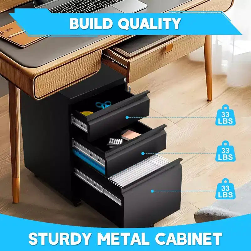 Classeur mobile à 3 tiroirs pour bureau à domicile, rangement sous le bureau avec clés de verrouillage pour dossiers légaux/lettres/A4