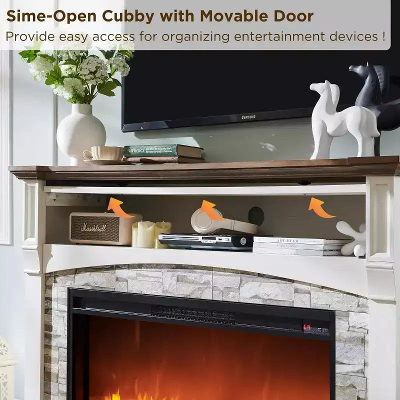 Meuble TV de cheminée SinCiDo 52, meuble TV avec cheminée, meuble de rangement escamotable, télécommande, flamme 3D réaliste réglable