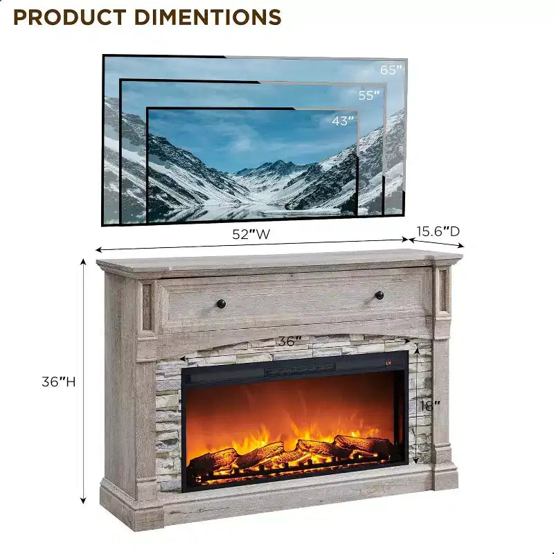 Meuble TV de cheminée SinCiDo 52, meuble TV avec cheminée, meuble de rangement escamotable, télécommande, flamme 3D réaliste réglable