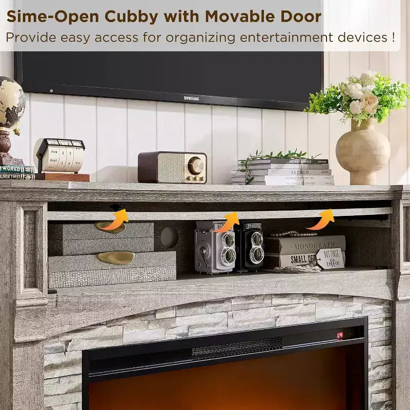 Meuble TV de cheminée SinCiDo 52, meuble TV avec cheminée, meuble de rangement escamotable, télécommande, flamme 3D réaliste réglable