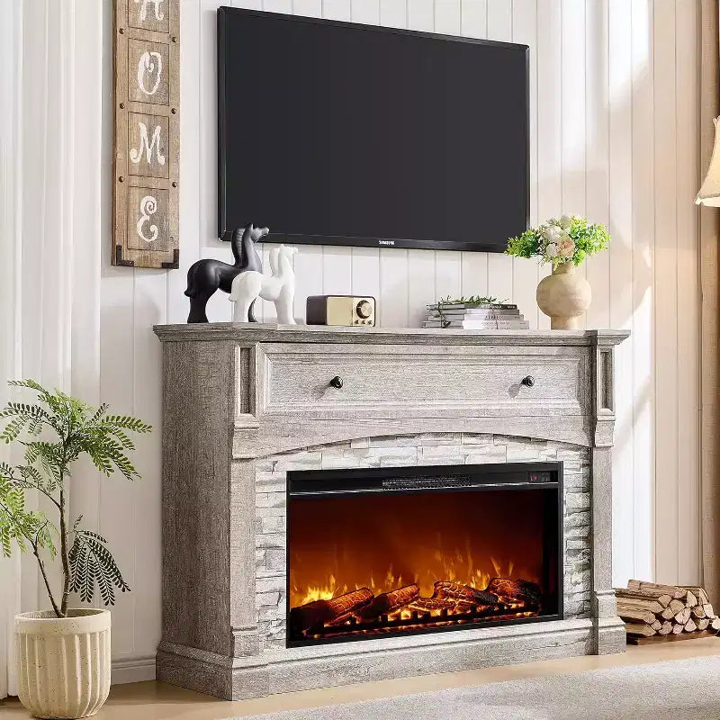 Meuble TV de cheminée SinCiDo 52, meuble TV avec cheminée, meuble de rangement escamotable, télécommande, flamme 3D réaliste réglable