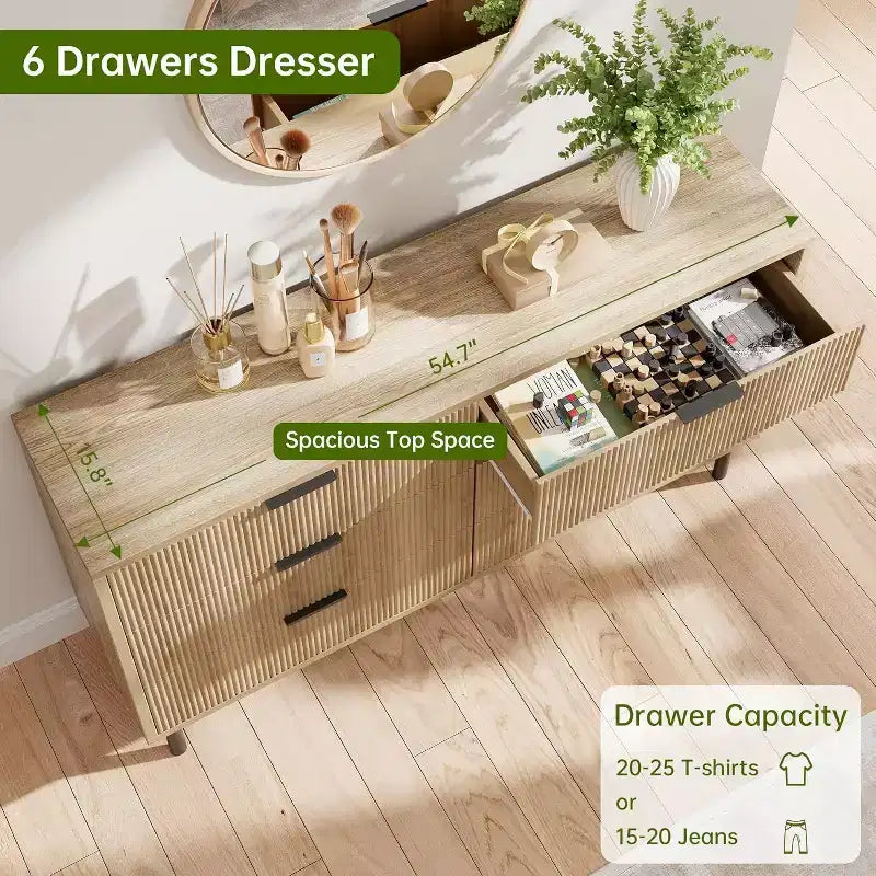 Commode cannelée à 6 tiroirs, commode de rangement moderne en bois à deux tiroirs avec pieds et poignées en métal, design anti-basculement, chambre, salon, couloir