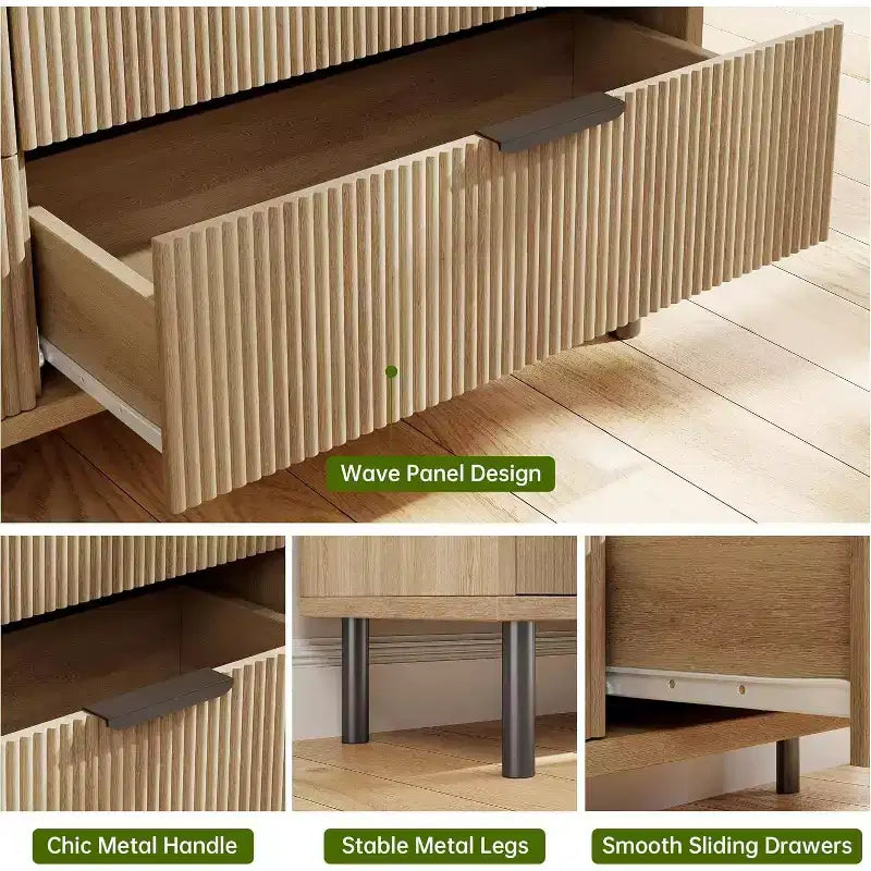 Commode cannelée à 6 tiroirs, commode de rangement moderne en bois à deux tiroirs avec pieds et poignées en métal, design anti-basculement, chambre, salon, couloir