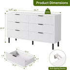 Commode cannelée à 6 tiroirs, commode de rangement moderne en bois à deux tiroirs avec pieds et poignées en métal, design anti-basculement, chambre, salon, couloir