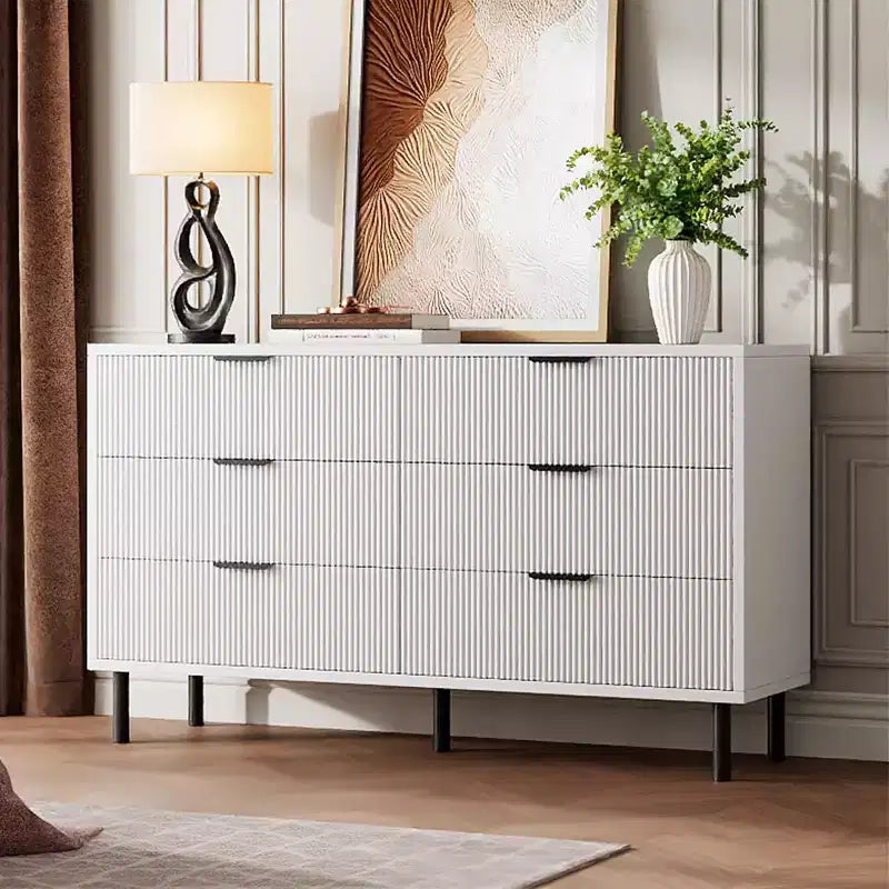 Commode cannelée à 6 tiroirs, commode de rangement moderne en bois à deux tiroirs avec pieds et poignées en métal, design anti-basculement, chambre, salon, couloir