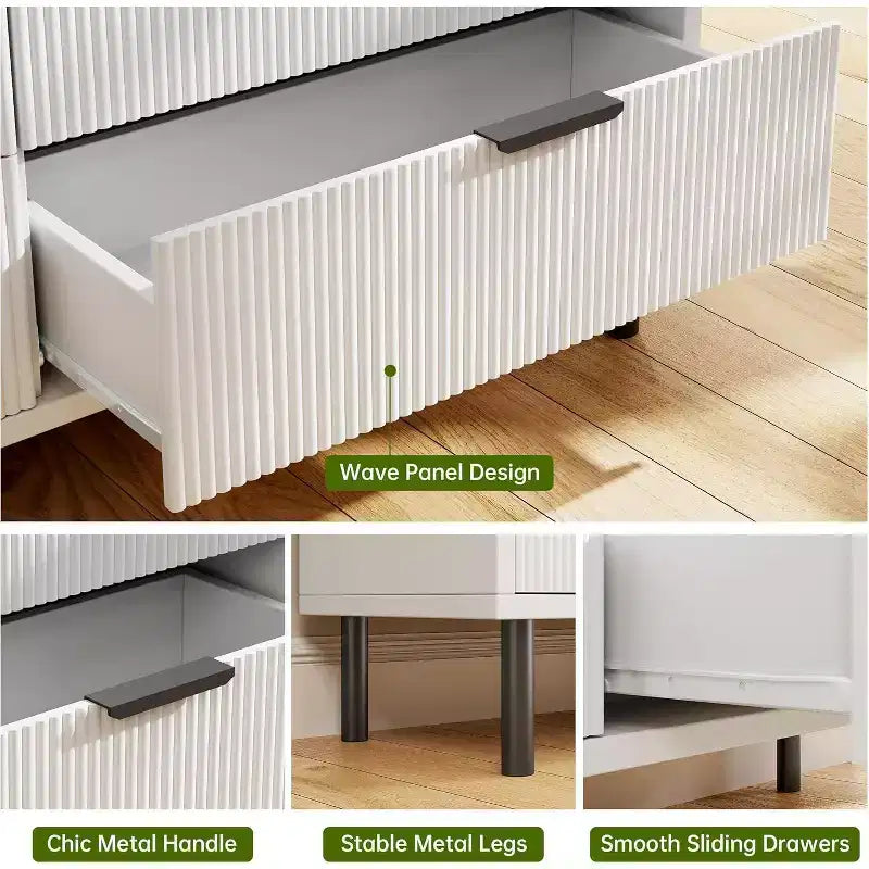 Commode cannelée à 6 tiroirs, commode de rangement moderne en bois à deux tiroirs avec pieds et poignées en métal, design anti-basculement, chambre, salon, couloir