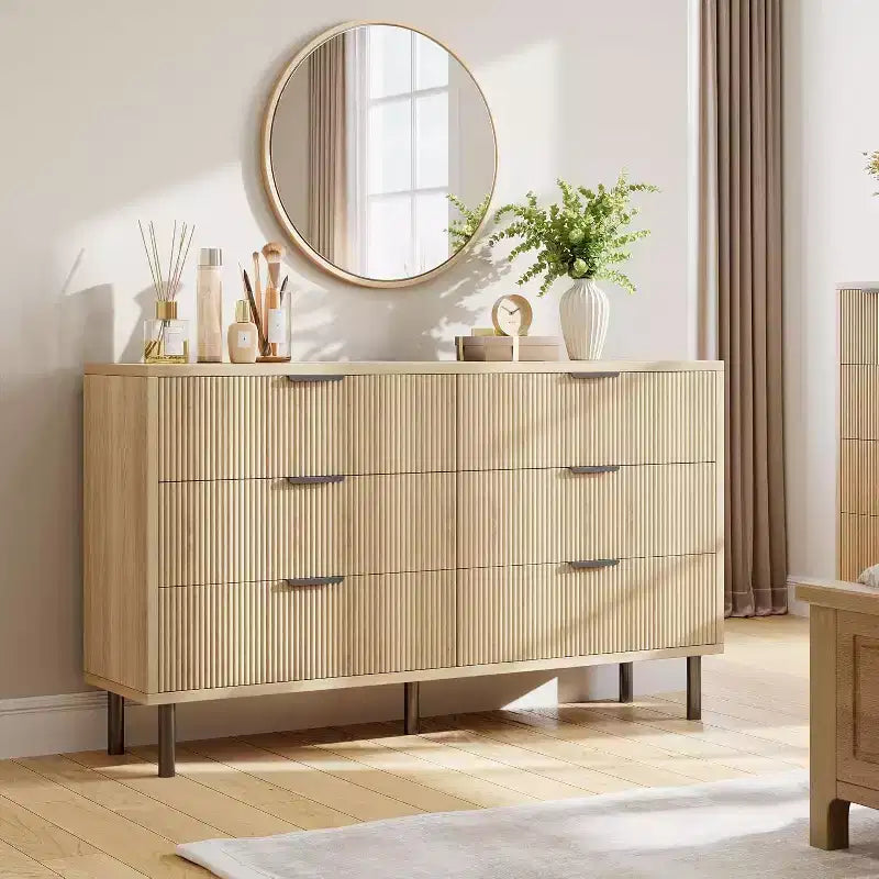 Commode cannelée à 6 tiroirs, commode de rangement moderne en bois à deux tiroirs avec pieds et poignées en métal, design anti-basculement, chambre, salon, couloir
