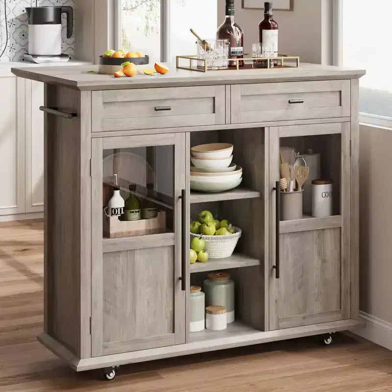 Îlot de cuisine mobile, chariot de cuisine roulant avec plateau à abattant élargi, 2 portes vitrées, porte-épices, porte-serviettes, rangement pour canettes et barre porte-serviettes