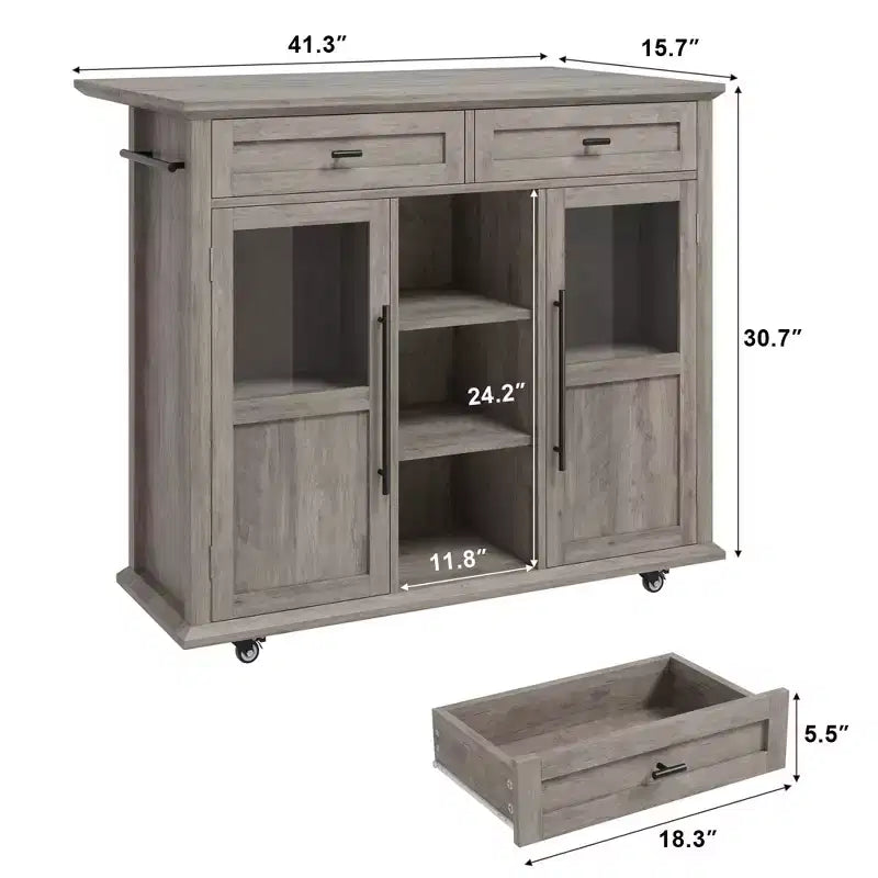 Îlot de cuisine mobile, chariot de cuisine roulant avec plateau à abattant élargi, 2 portes vitrées, porte-épices, porte-serviettes, rangement pour canettes et barre porte-serviettes