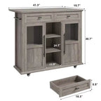 Îlot de cuisine mobile, chariot de cuisine roulant avec plateau à abattant élargi, 2 portes vitrées, porte-épices, porte-serviettes, rangement pour canettes et barre porte-serviettes