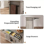 Îlot de cuisine mobile, chariot de cuisine roulant avec plateau à abattant élargi, 2 portes vitrées, porte-épices, porte-serviettes, rangement pour canettes et barre porte-serviettes