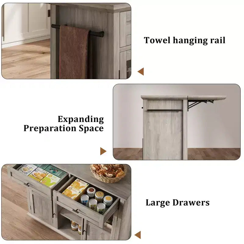 Îlot de cuisine mobile, chariot de cuisine roulant avec plateau à abattant élargi, 2 portes vitrées, porte-épices, porte-serviettes, rangement pour canettes et barre porte-serviettes