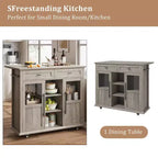 Îlot de cuisine mobile, chariot de cuisine roulant avec plateau à abattant élargi, 2 portes vitrées, porte-épices, porte-serviettes, rangement pour canettes et barre porte-serviettes