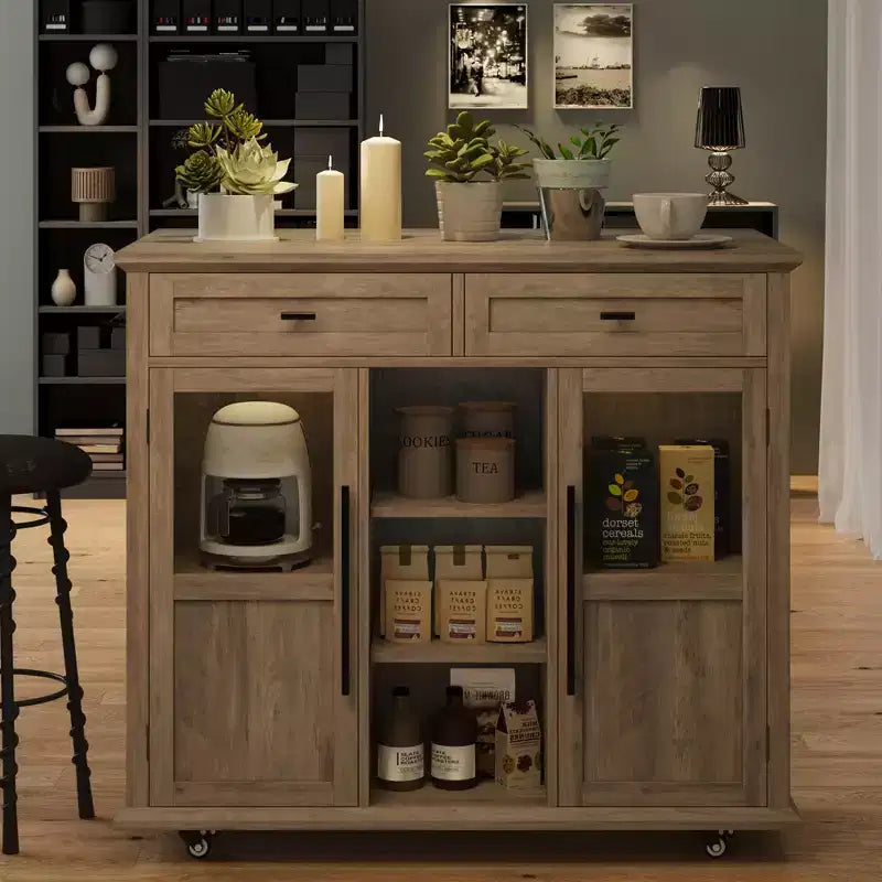 Îlot de cuisine mobile, chariot de cuisine roulant avec plateau à abattant élargi, 2 portes vitrées, porte-épices, porte-serviettes, rangement pour canettes et barre porte-serviettes