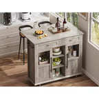 Îlot de cuisine mobile, chariot de cuisine roulant avec plateau à abattant élargi, 2 portes vitrées, porte-épices, porte-serviettes, rangement pour canettes et barre porte-serviettes