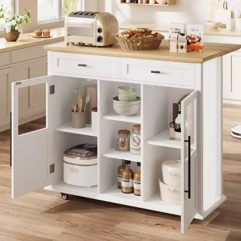 Îlot de cuisine mobile, chariot de cuisine roulant avec plateau à abattant élargi, 2 portes vitrées, porte-épices, porte-serviettes, rangement pour canettes et barre porte-serviettes