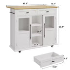 Îlot de cuisine mobile, chariot de cuisine roulant avec plateau à abattant élargi, 2 portes vitrées, porte-épices, porte-serviettes, rangement pour canettes et barre porte-serviettes