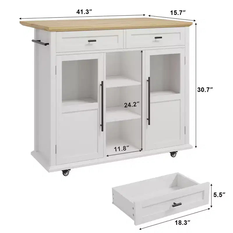 Îlot de cuisine mobile, chariot de cuisine roulant avec plateau à abattant élargi, 2 portes vitrées, porte-épices, porte-serviettes, rangement pour canettes et barre porte-serviettes
