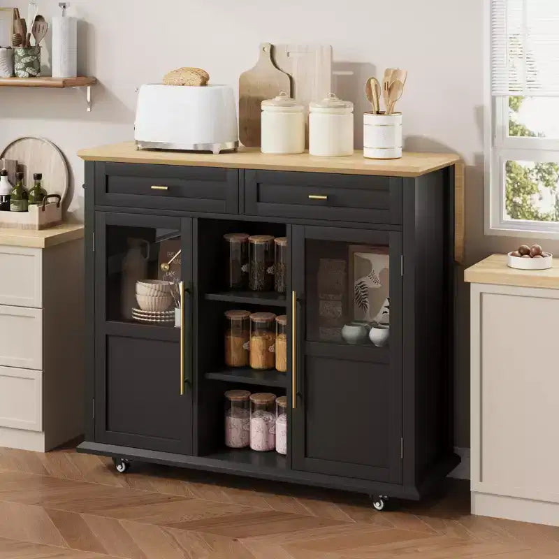 Îlot de cuisine mobile, chariot de cuisine roulant avec plateau à abattant élargi, 2 portes vitrées, porte-épices, porte-serviettes, rangement pour canettes et barre porte-serviettes