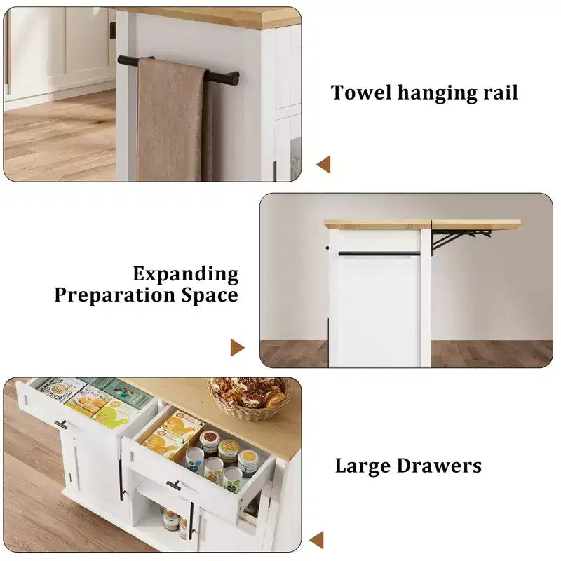 Îlot de cuisine mobile, chariot de cuisine roulant avec plateau à abattant élargi, 2 portes vitrées, porte-épices, porte-serviettes, rangement pour canettes et barre porte-serviettes