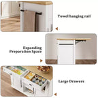Îlot de cuisine mobile, chariot de cuisine roulant avec plateau à abattant élargi, 2 portes vitrées, porte-épices, porte-serviettes, rangement pour canettes et barre porte-serviettes
