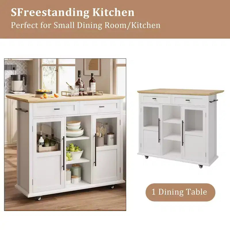 Îlot de cuisine mobile, chariot de cuisine roulant avec plateau à abattant élargi, 2 portes vitrées, porte-épices, porte-serviettes, rangement pour canettes et barre porte-serviettes