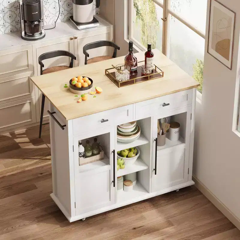 Îlot de cuisine mobile, chariot de cuisine roulant avec plateau à abattant élargi, 2 portes vitrées, porte-épices, porte-serviettes, rangement pour canettes et barre porte-serviettes