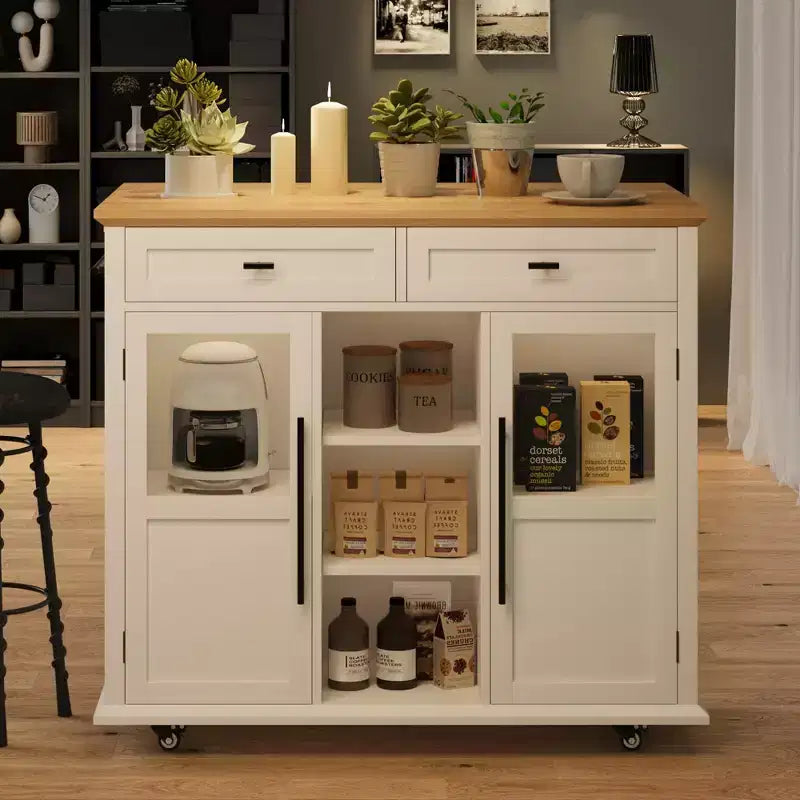 Îlot de cuisine mobile, chariot de cuisine roulant avec plateau à abattant élargi, 2 portes vitrées, porte-épices, porte-serviettes, rangement pour canettes et barre porte-serviettes
