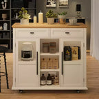 Îlot de cuisine mobile, chariot de cuisine roulant avec plateau à abattant élargi, 2 portes vitrées, porte-épices, porte-serviettes, rangement pour canettes et barre porte-serviettes