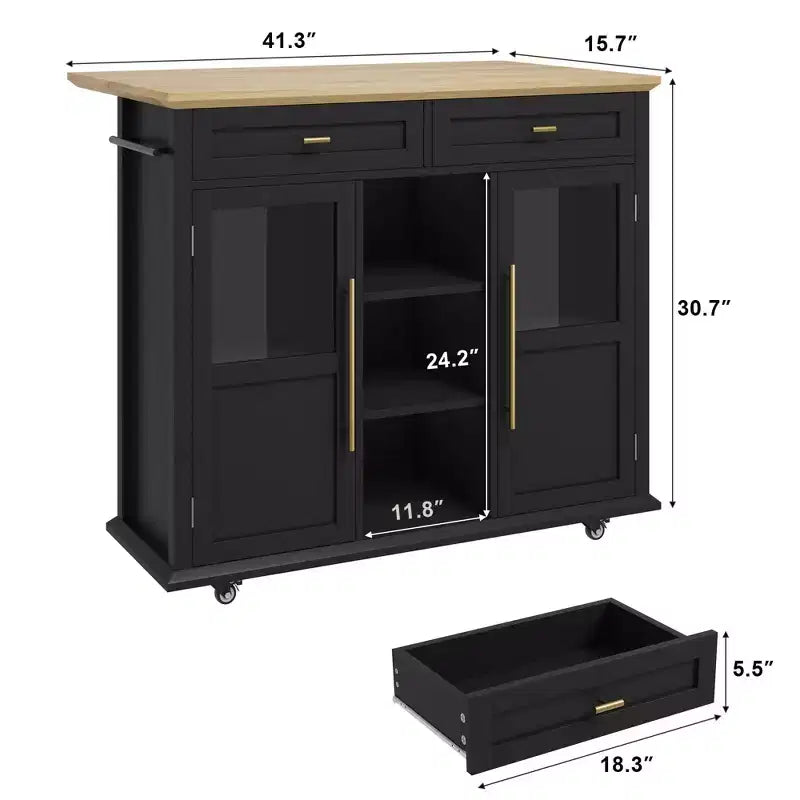 Îlot de cuisine mobile, chariot de cuisine roulant avec plateau à abattant élargi, 2 portes vitrées, porte-épices, porte-serviettes, rangement pour canettes et barre porte-serviettes