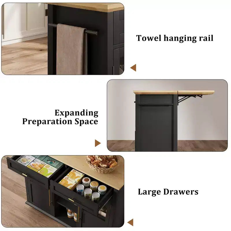 Îlot de cuisine mobile, chariot de cuisine roulant avec plateau à abattant élargi, 2 portes vitrées, porte-épices, porte-serviettes, rangement pour canettes et barre porte-serviettes